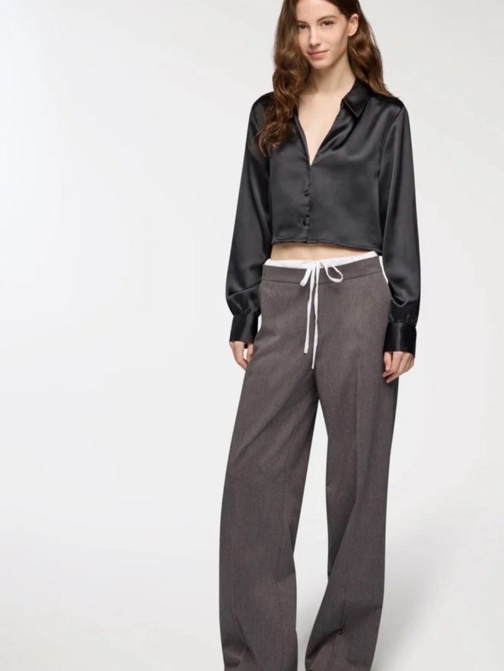 Zara Wide-Leg Drawstring Pants in Dark Gray with White Tie